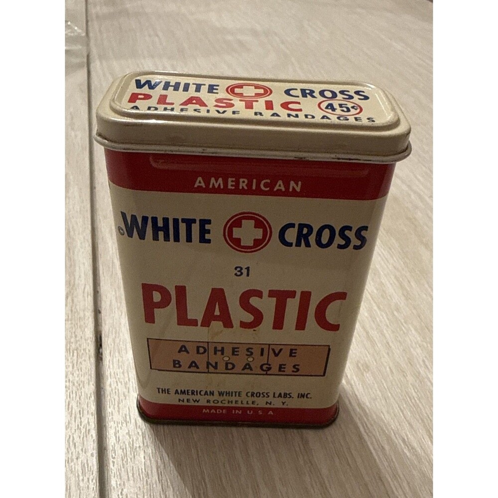 Vintage American White Cross 'Plastic Adhesive' Bandages Metal tin